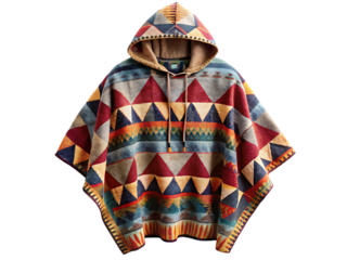  Geometric poncho hooded sweater autumn style bold colors winter warmth urban fashion textured fabric Isolated on a White Background ,PNG. AI Generated.