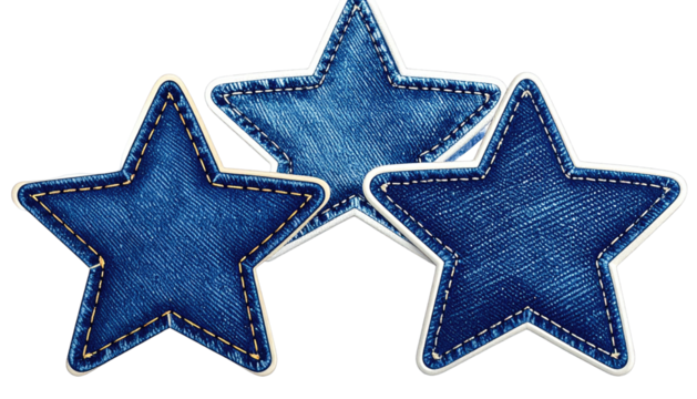 Three denim-textured stars with white outlines and visible stitching, overlapping slightly on a transparent background - Powered by Adobe