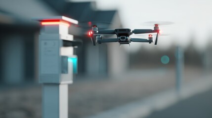 Closeup medium shot of a drone docking at a smart mailbox highlighting seamless integration of robotics in mail handling and delivery.