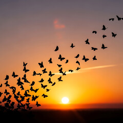 Illustration of a breathtaking silhouette of a flock of birds soars against a vibrant sunset, creating a stunning contrast of dark shapes against the warm, glowing sky