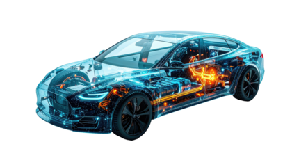 Translucent blue car with internal components in orange, suspended over black backdrop