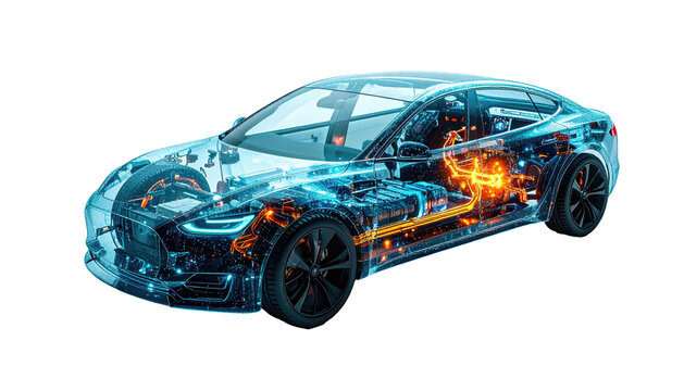 Translucent blue car with internal components in orange, suspended over black backdrop