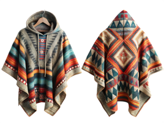  Geometric poncho hooded sweater autumn style bold colors winter warmth urban fashion textured fabric Isolated on a White Background ,PNG. AI Generated.
