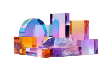 Multihued crystal-like blocks & half-sphere shimmer against black background; vibrant, geometric, and visually striking