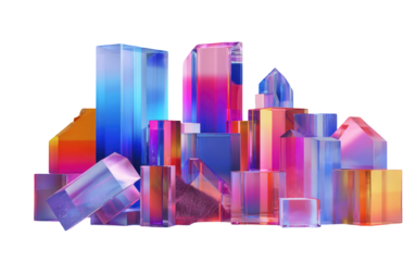 Abstract arrangement of colorful, translucent glass-like blocks in varying heights and shapes against a black background