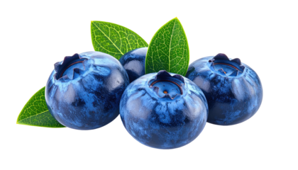 Four blueberries with green leaves sit against a black background, light reflecting on smooth, round surfaces