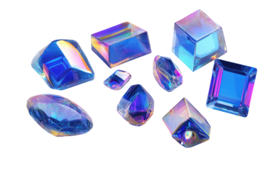 Iridescent crystal shapes scattered on black, reflecting blue, pink, and yellow in glossy, geometric forms