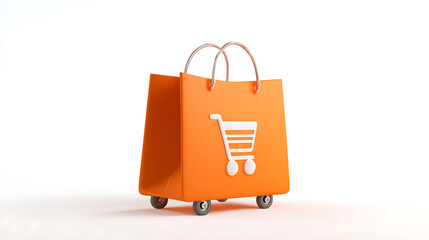 Orange Shopping Bag with Cart Icon and Wheels Isolated on White Background &ndash; Black Friday Cyber Monday Sale Concept