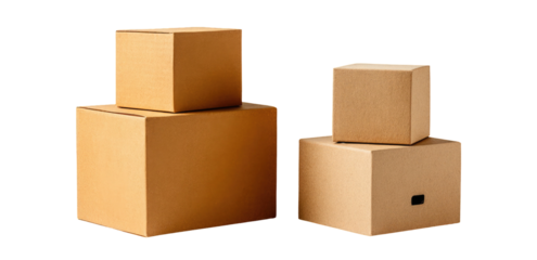Two stacks of tan cardboard boxes on black background, different sizes, stacked for shipping or storage
