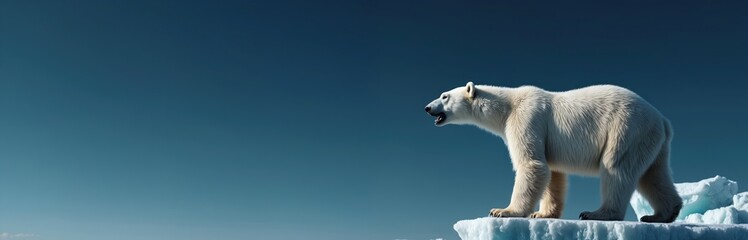Fototapeta premium Polar bear stands on iceberg bellowing. White bear calls out from icy floe against deep blue arctic sky. Wild mammal in habitat showing face detail.