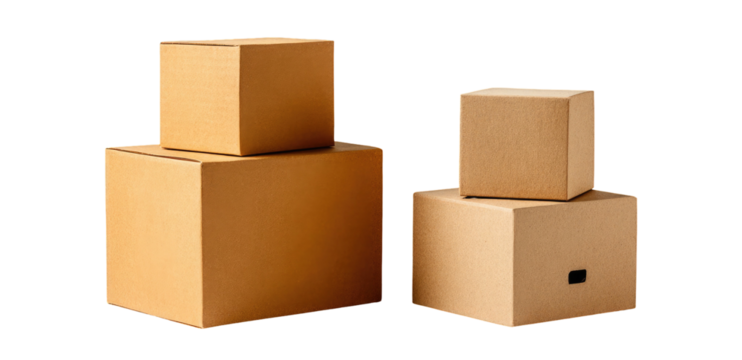 Two stacks of tan cardboard boxes on black background, different sizes, stacked for shipping or storage