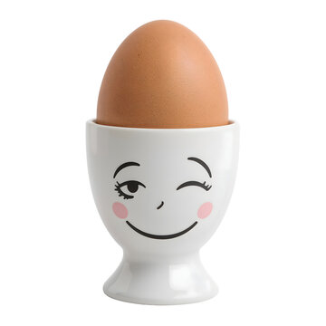 Brown egg in white egg cup with winking smiley face and cheeks isolated on the transparent background, playful breakfast concept