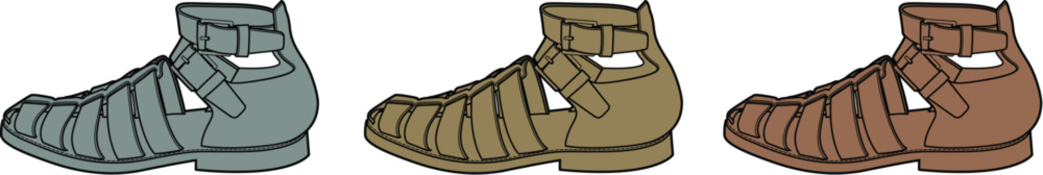A vibrant illustration showcasing three distinct ancient Roman-style sandals, each presented in a unique earthy tone, emphasizing historical footwear and ancient fashion concepts