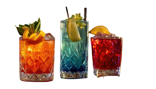 Three cocktails orange garnished, blue decorated, and red short drink on black