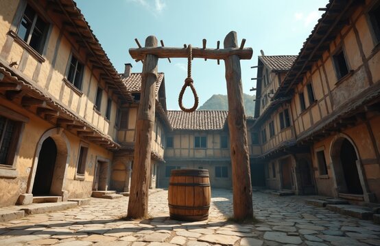 Empty medieval town square features wooden gallows with noose and barrel. Old timber-framed buildings with tiled roofs surround cobblestone courtyard, creating historically authentic film set.