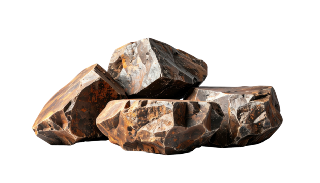 A pile of jagged, metallic rocks with varied surfaces and a warm, golden hue against a stark black background