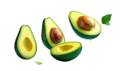 Several avocado halves, some with pits, against a black backdrop, with a small leaf for visual appeal