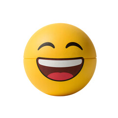 Fototapeta premium Round yellow smiling emoji face ball with laughing expression isolated on the transparent background, fun playful contemporary symbol of happiness and positivity