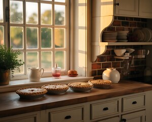 Warm sunlight streams through a large multi paned window illuminating a rustic kitchen counter with four freshly baked pies