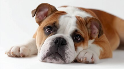 Fototapeta premium Bulldog relaxes on a white surface with a calm expression during a photo session