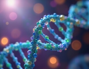 Abstract DNA double helix structure glows with vibrant colorful beads. Visualizes genetic code, molecular biology, gene expression, mutation, heredity, disease, traits. Represents advanced genomic