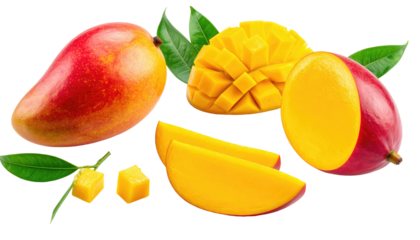 Ripe mangoes, slices, and cubes showcase vibrant yellow and red hues, complemented by fresh green leaves
