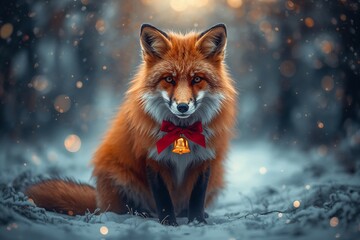 A fairytale fox with a bell on its neck in a snowy forest, Christmas card