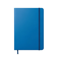 A vibrant blue hardcover notebook with a black elastic band closure and a ribbon bookmark isolated on a stark black background