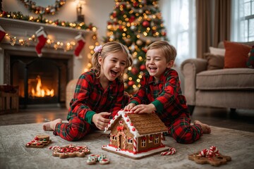 Happy children making a gingerbread house in a cozy room