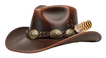 A detailed close up of a rustic brown leather cowboy hat adorned with ornate gold conchos and a decorative feather isolated on a black background