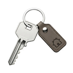 Close up of a silver house key attached to a dark brown leather keychain with a house emblem on a black background