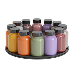 A circular arrangement of small colorful glass bottles filled with vibrant pigments and powders presented on a black display stand against a dark background