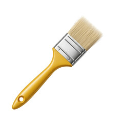 A single yellow handled paintbrush with a silver ferrule and light colored bristles isolated on a black background for creative projects