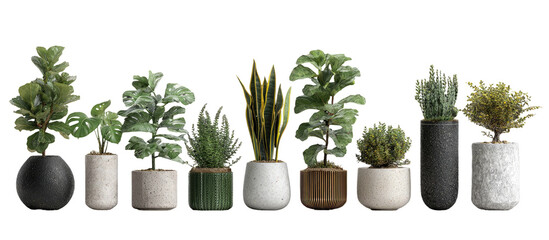 Variety of potted plants in assorted planters arranged on a black background, enhancing greenery and natural decor