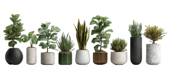 Variety of potted plants in assorted planters arranged on a black background, enhancing greenery and natural decor