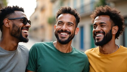 Three young diverse men laugh out loud on sunny urban city street. Friends share fun moment, showing genuine joy, happy emotion. Black adults enjoy strong bond, express positive mood outside. Wear