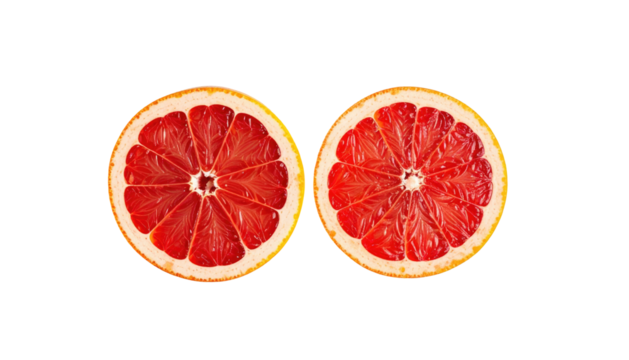 Two halved grapefruit slices facing upward with red flesh against a contrasting black background