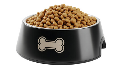 A full black pet food bowl with a bone design overflowing with dry kibble dog food against a stark black background