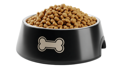 A full black pet food bowl with a bone design overflowing with dry kibble dog food against a stark black background