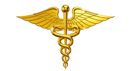 Golden caduceus symbol with wings against a black background representing medicine healthcare and healing services