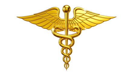 Golden caduceus symbol with wings against a black background representing medicine healthcare and healing services