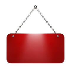 Blank red hanging sign with rounded corners suspended by a silver chain against a stark black background with subtle spotlighting