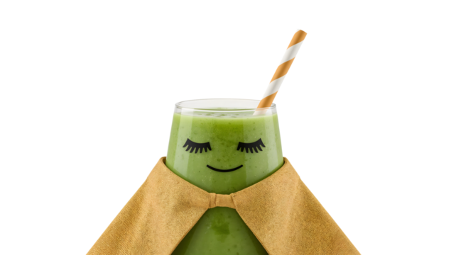 Adorable green smoothie character with eyelash face, paper straw, and cape on the transparent background for healthy lifestyle and wellness concepts