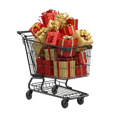 A black metal shopping cart overflowing with a large pile of red and gold wrapped gift boxes tied with ribbons isolated on a black background