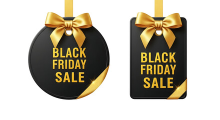 Elegant black friday sale tags with golden bows and ribbon accents against a dark background perfect for promotional advertising