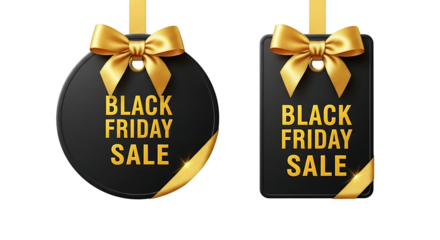 Elegant black friday sale tags with golden bows and ribbon accents against a dark background perfect for promotional advertising