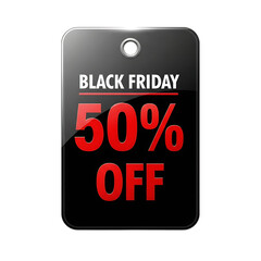 Black friday sale fifty percent off discount tag with bold red text on a dark glossy background for shopping promotions