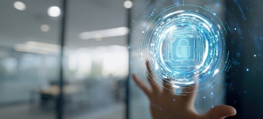 The Digital Lock Hologram Overlaid on Hand Representing Cybersecurity and Access Control