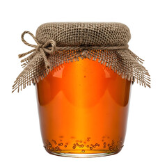 A rustic glass jar filled with golden amber honey adorned with a burlap fabric lid tied with twine presented against a stark black background