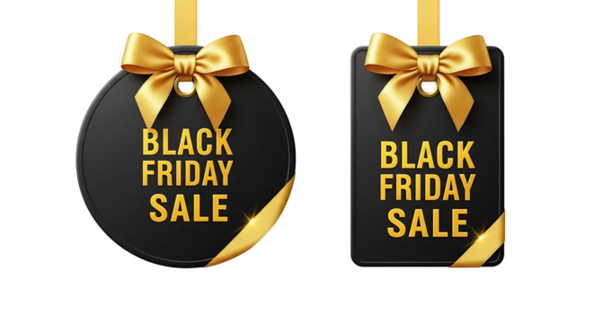 Elegant black friday sale tags with golden bows and ribbon accents against a dark background perfect for promotional advertising